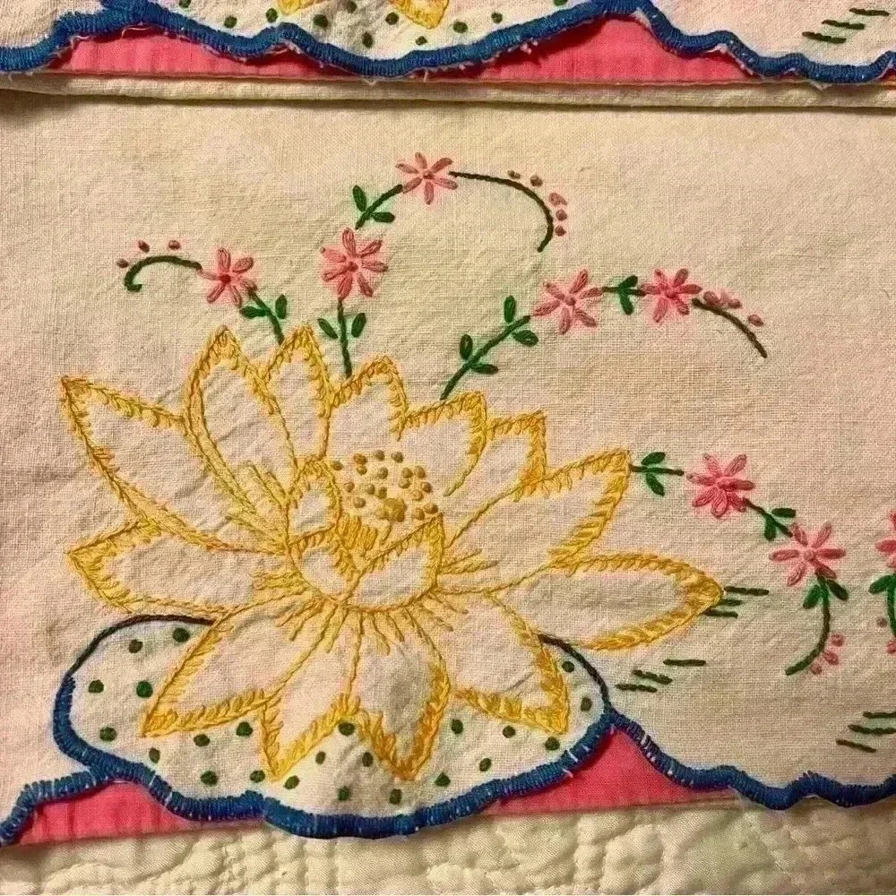 Set of 2 vintage handmade embroidered flour sack pillowcases lotus flower
